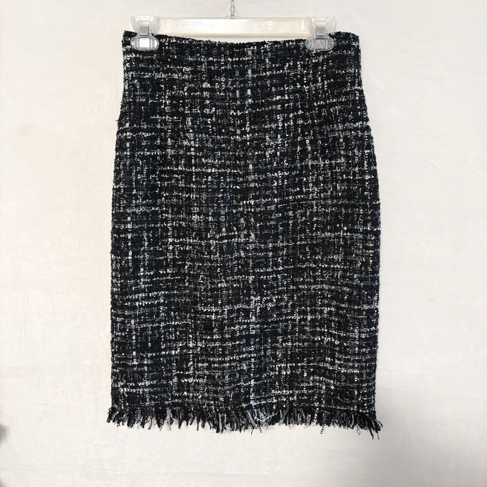 Tweed Pencil Skirt Black Metallic Fringe Hem Lined Textured Bouclé Style Small